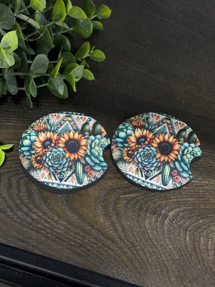 Western Aztec Succulents Car Coaster Set