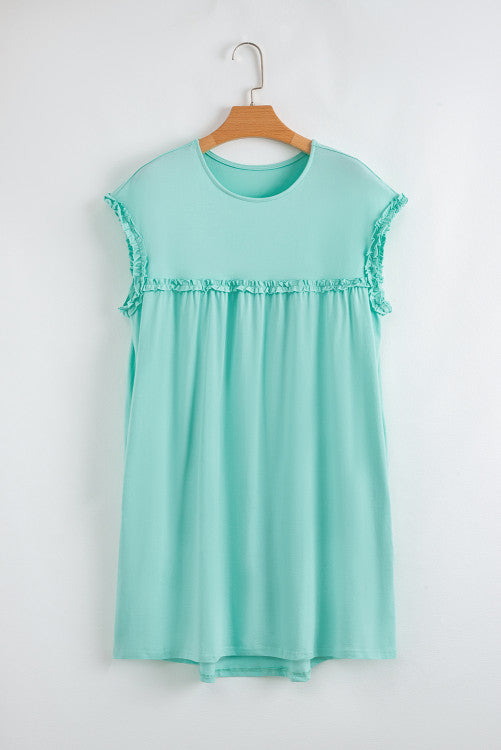 Frilled Trim Crew Neck Loose Fit Mini Dress