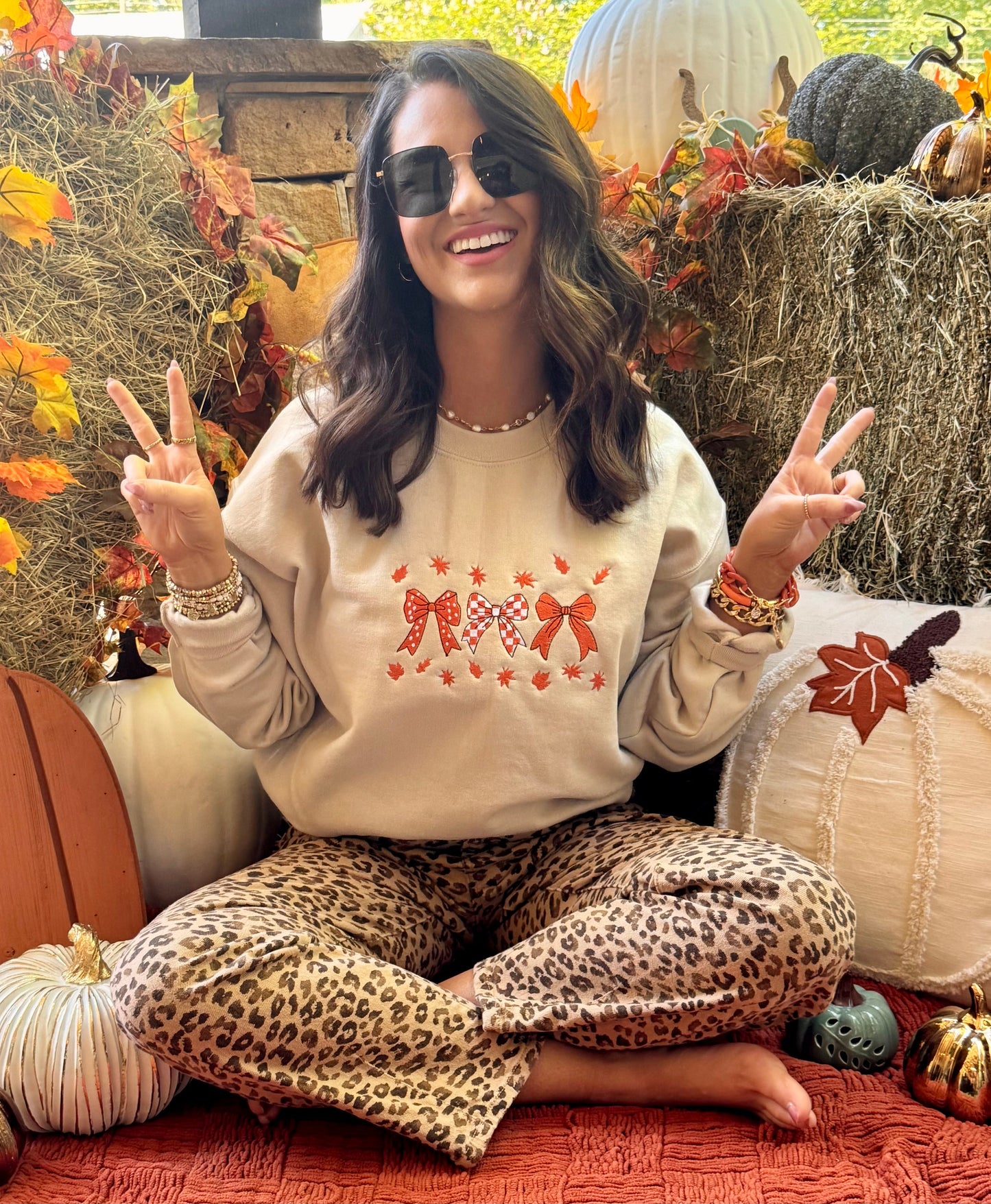 Fall Leaves & Bows Embroidered Sweatshirt