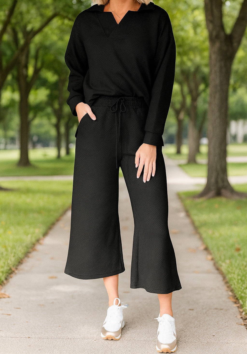 Solid Textured Collared V Neck Top and Wide Leg Pants Set
