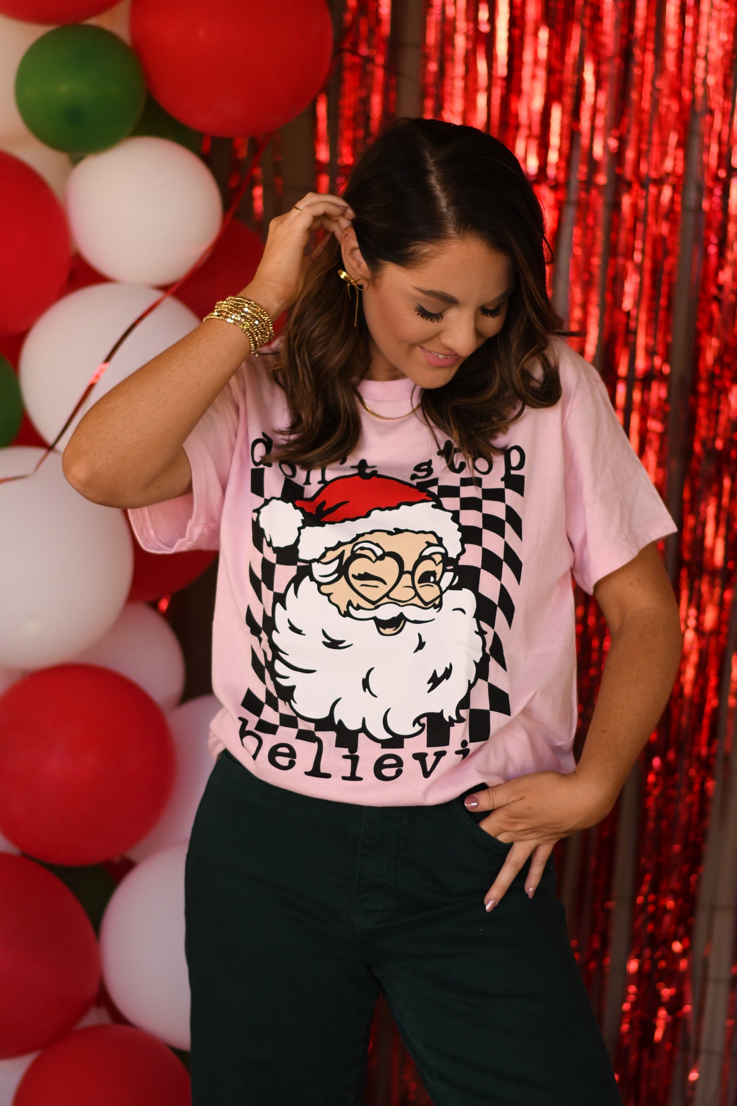 Pink Don’t Stop Believin Santa Tee