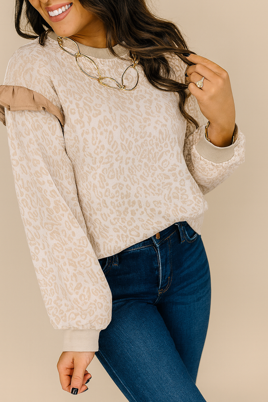 Leopard Ruffle Detail Ribbed Trim Round Neck Sweatshirt