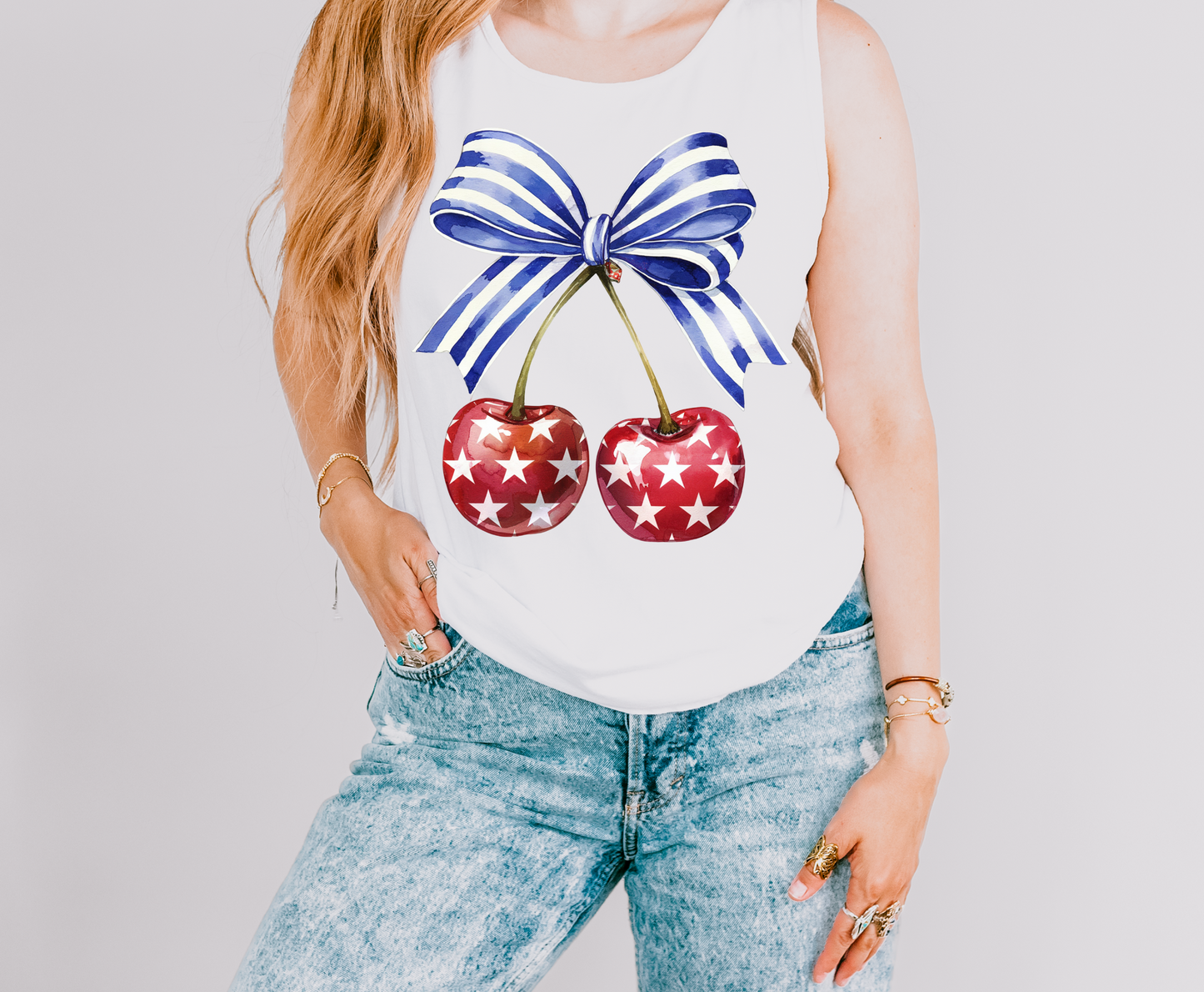 Red White Blue Bow Cherry Graphic Tank Top