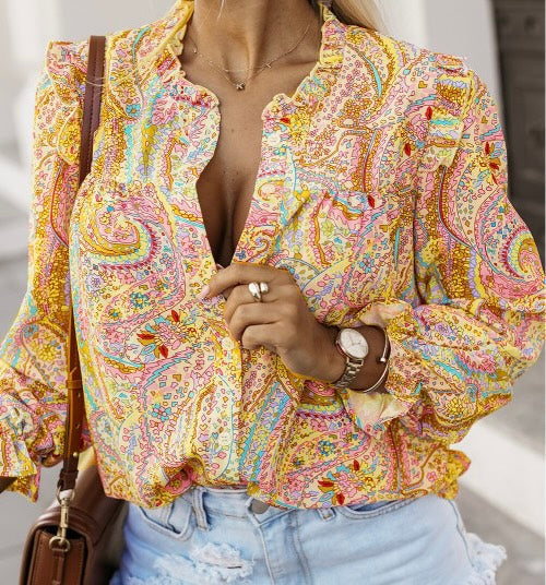 Paisley Print Ruffled Trim Boho Shirt