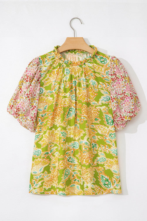 Multicolor Printed Contrast Bubble Sleeve Patchwork Blouse