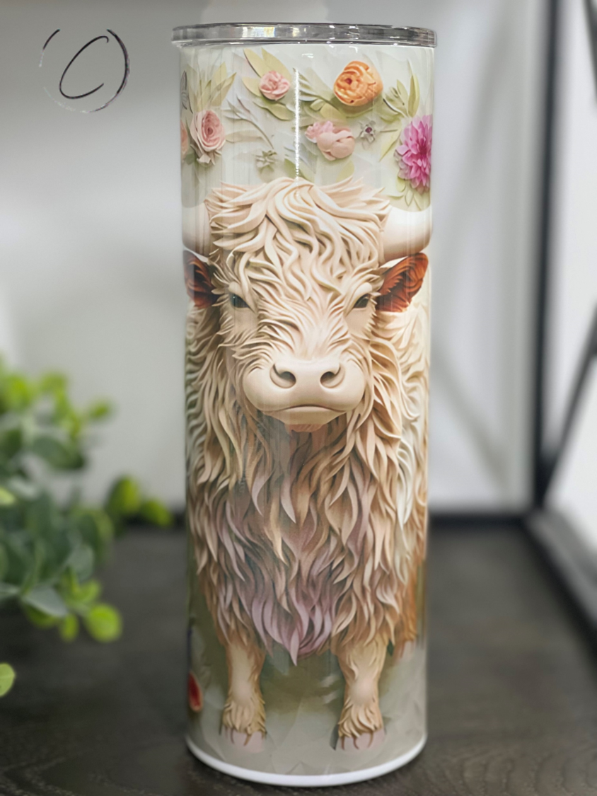 3D Floral Highland Cow 20oz Skinny Tumbler