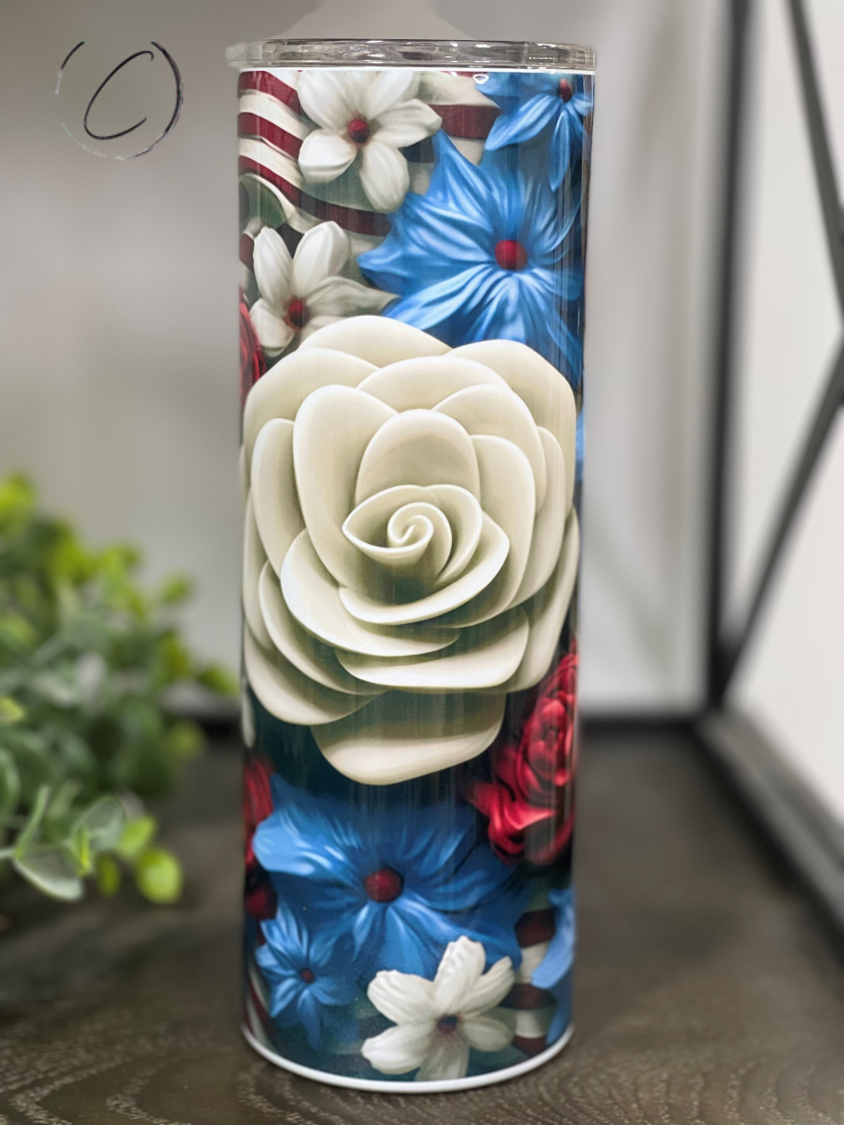 3D Patriotic Floral 20oz Skinny Tumbler