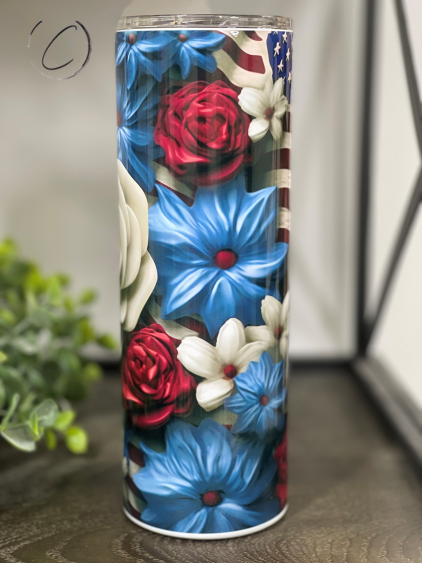 3D Patriotic Floral 20oz Skinny Tumbler