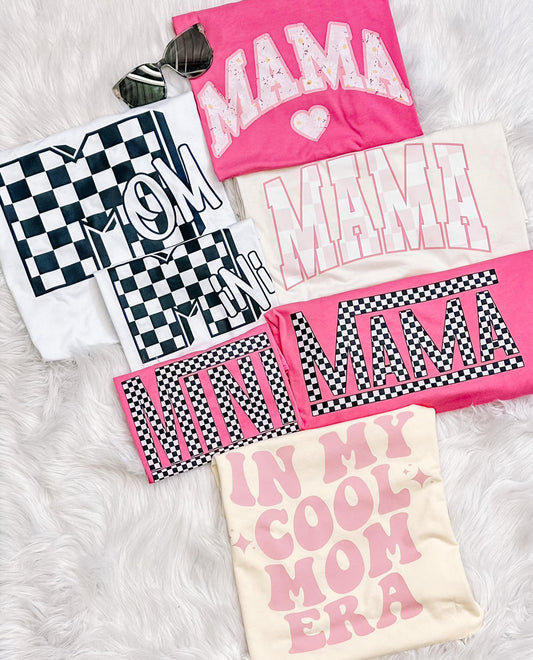 Large M Blocked Checkered Mama Graphic Tee (White Tee)