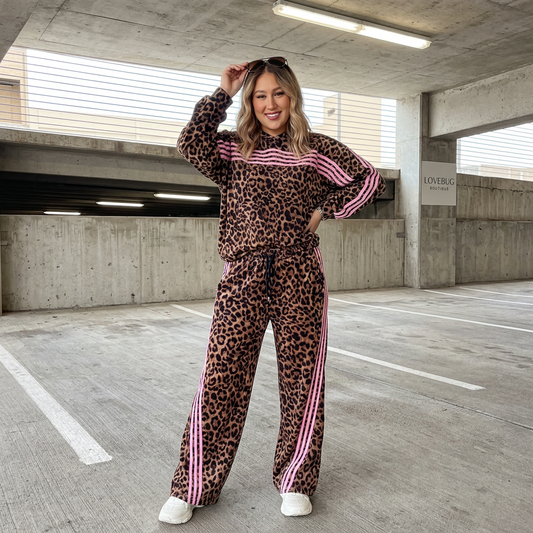 Brown Leopard Print Contrast Striped Detail Long Sleeve Top Pant Set