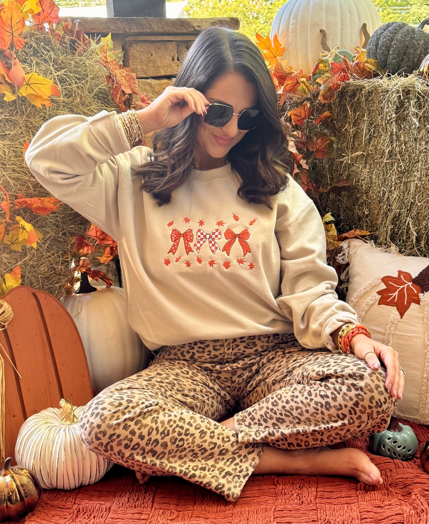 Fall Leaves & Bows Embroidered Sweatshirt
