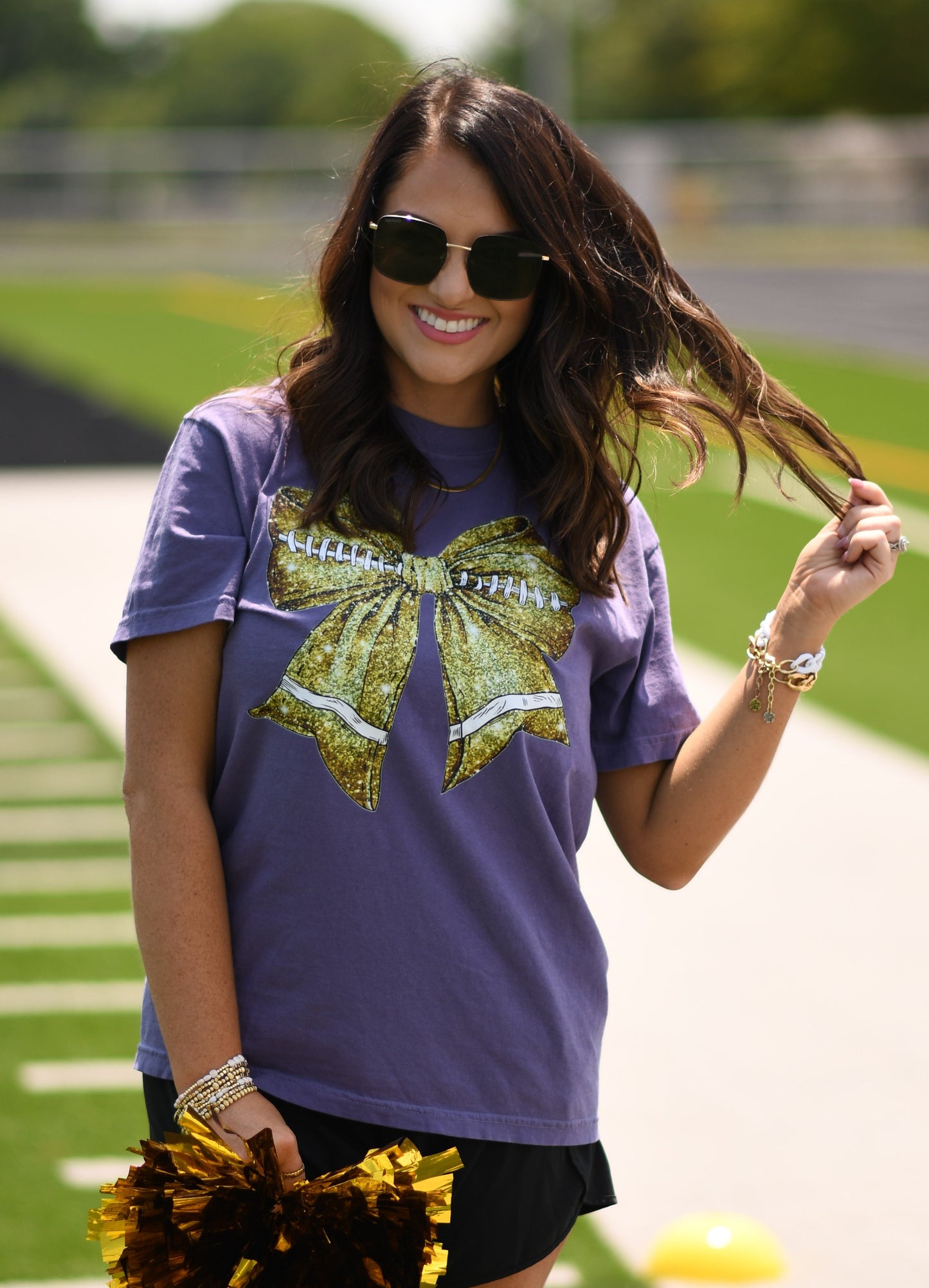 Gold Faux Glitter Football Bow Tee on Purple