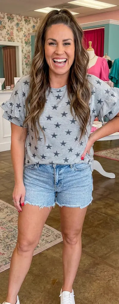 Gray Star Print Tiered Ruffled Sleeve Crew Neck T Shirt