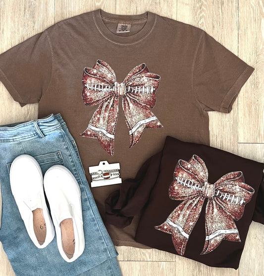 Sparkle Football Bow Graphic Tee and Sweatshirt