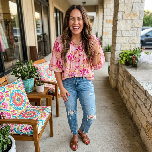 Floral Print Tie Neck Puffy Half Sleeve Blouse
