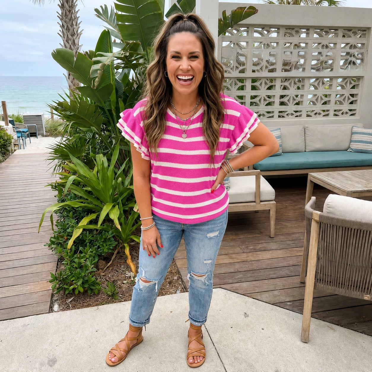 Double Ruffle Short Sleeve Lightweight Knit Sweater