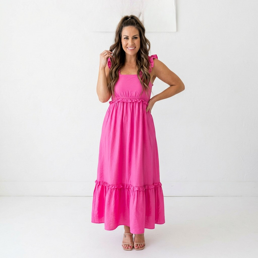 Bonbon Solid Color Ruffle Trim High Waist Sleeveless Maxi Dress
