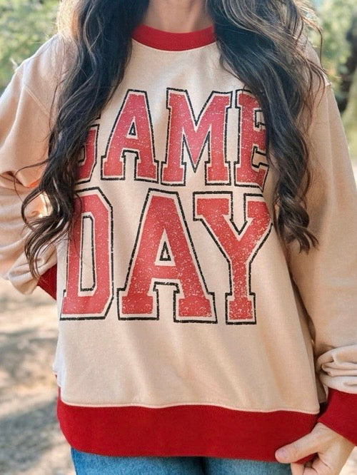 GAME DAY Letter Graphic Varsity Striped Detail Baggy Sweatshirt
