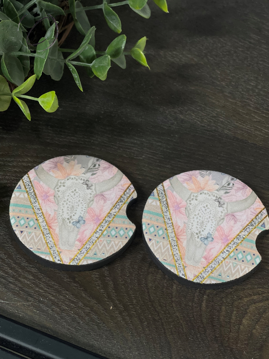 Aztec Butterfly Bull Skull Car Coaster Set