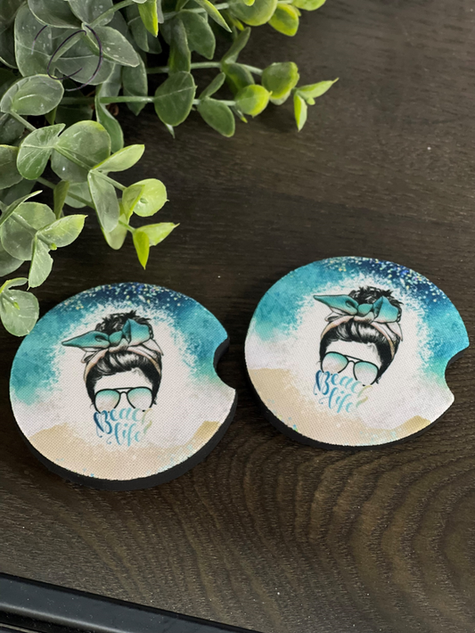 Beach Life Messy Bun Car Coaster Set