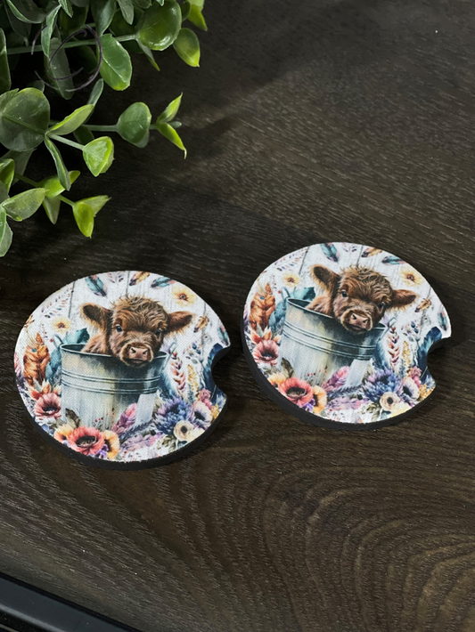 Boho Bucket Highland Cow Car Coaster Set