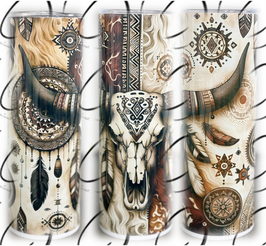 Boho Feather Bull Skull 20oz Skinny Tumbler