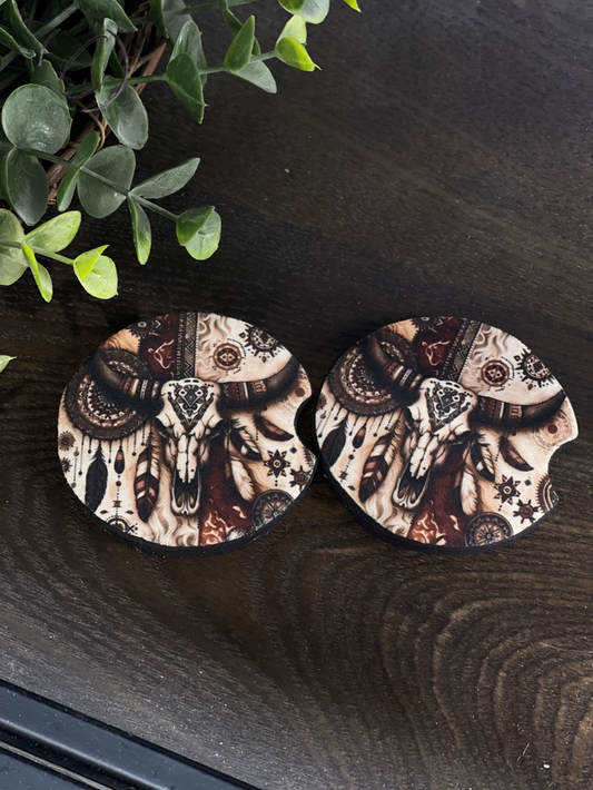 Boho Feather Bull Skull Car Coaster Set