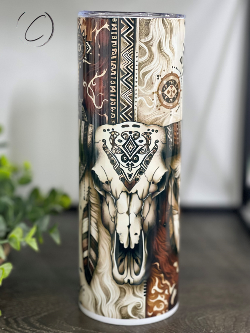 Boho Feather Bull Skull 20oz Skinny Tumbler