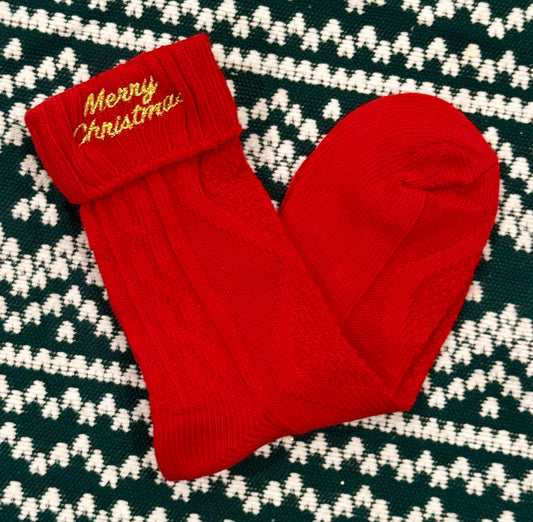 RTS Red Merry Christmas Embroidered Socks
