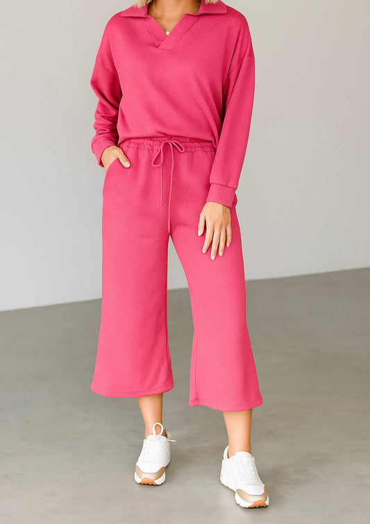 Solid Textured Collared V Neck Top and Wide Leg Pants Set
