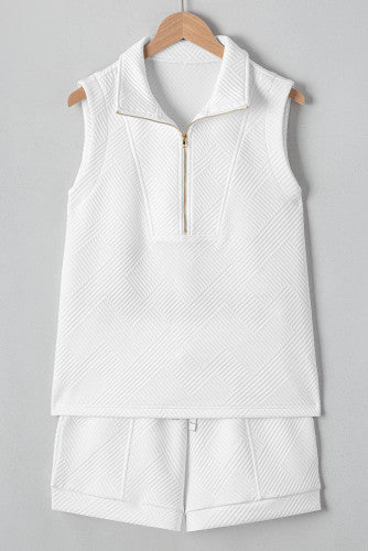Textured Half Zip Tank Top Drawstring Shorts Set