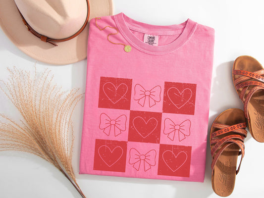 Checkered Coquette Bows & Hearts Graphic Tee