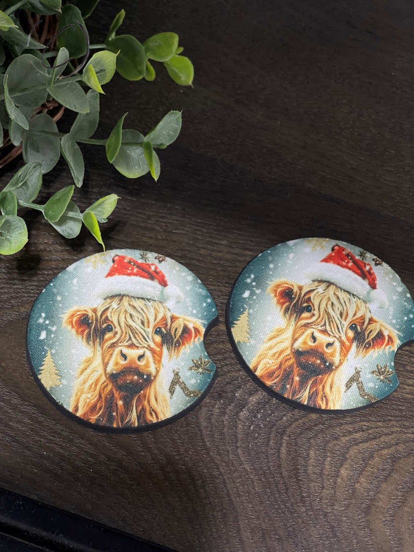 Christmas Highland Cow Car Coaster Set