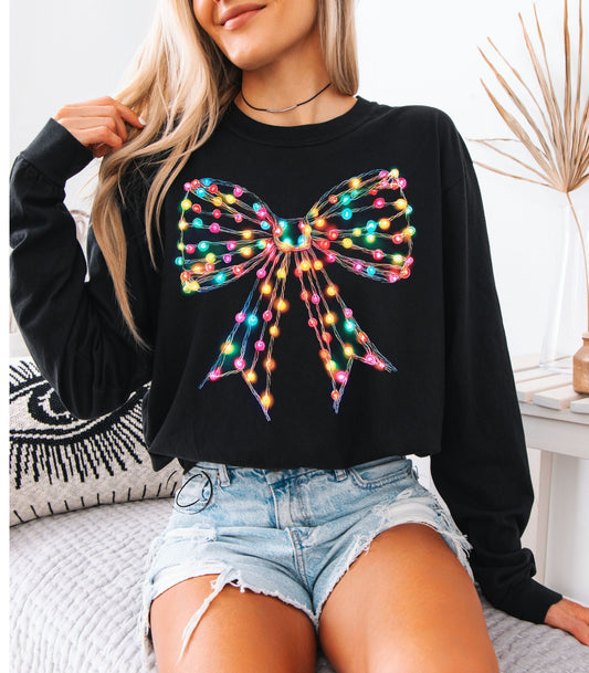Tangled Christmas Lights Bow Long Sleeve Graphic Tee
