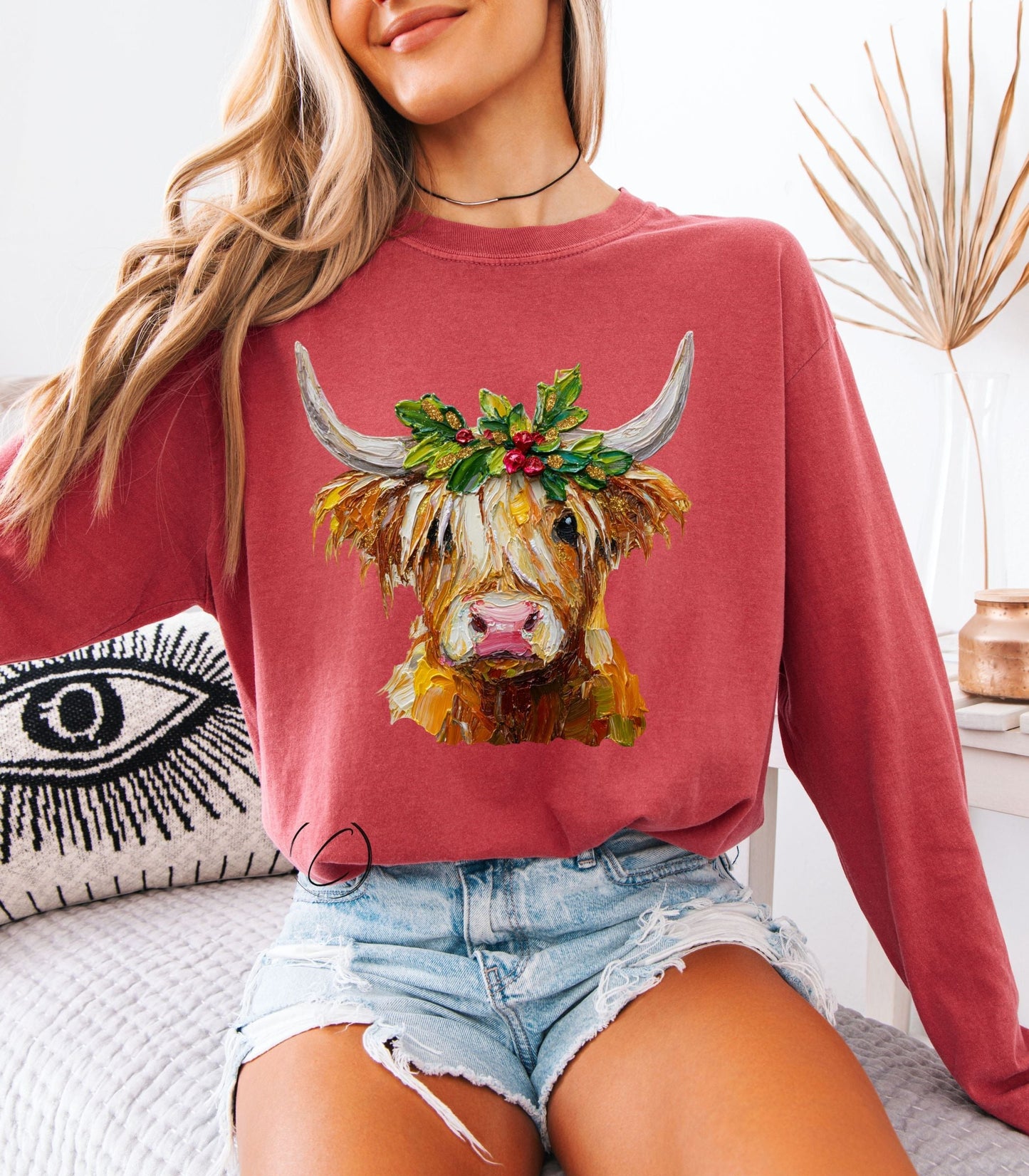 Hand Painted Festive Highland Long Sleeve Graphic Tee
