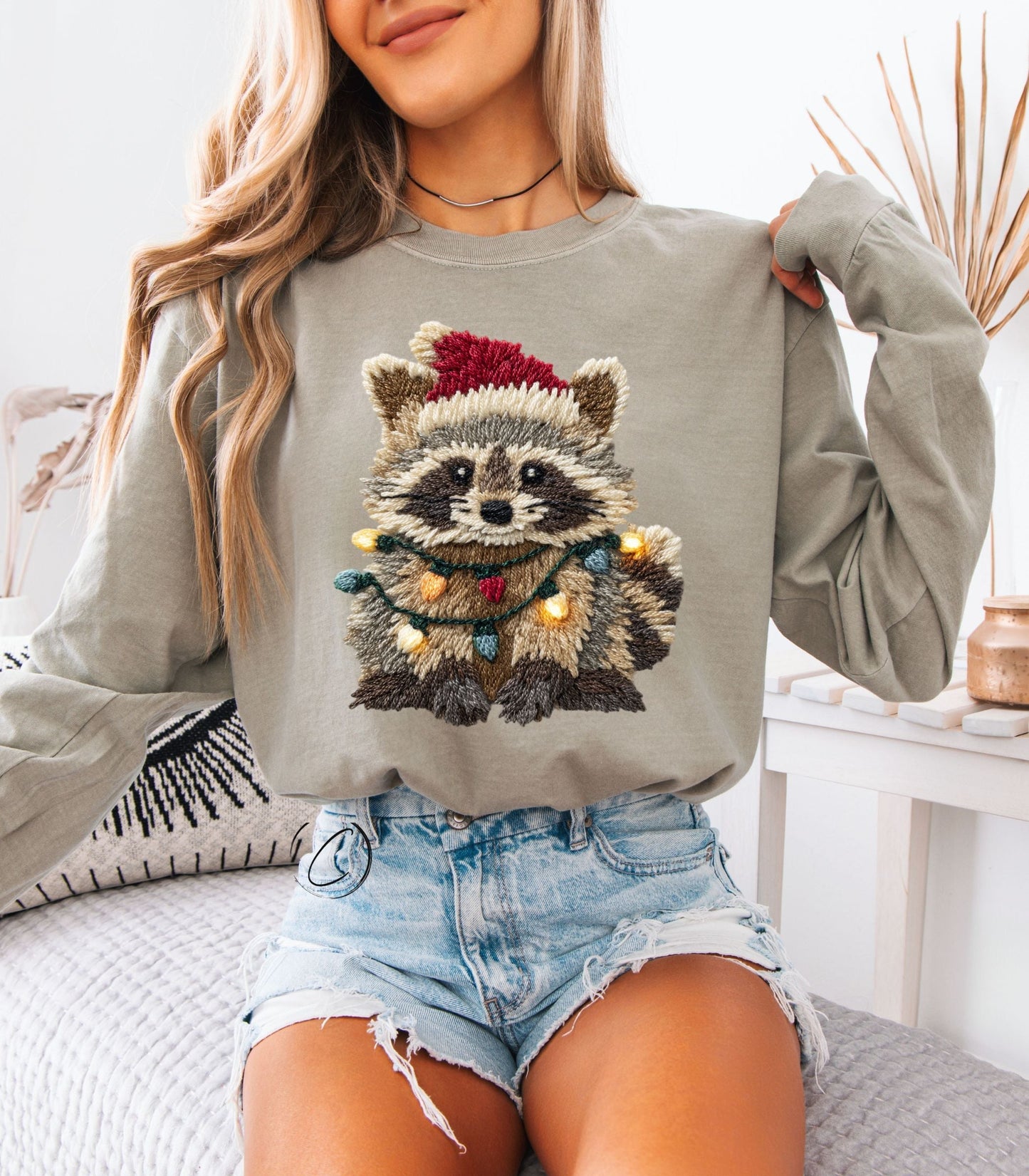 Faux Crochet Festive Feral Racoon Long Sleeve Graphic Tee