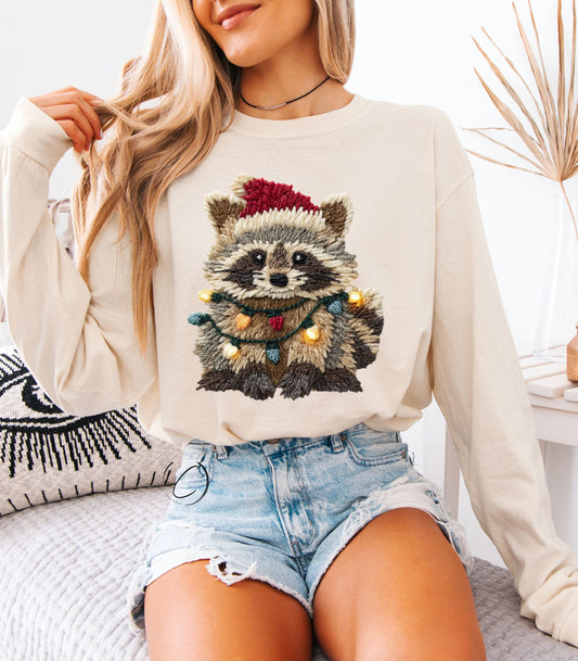 Faux Crochet Festive Feral Racoon Long Sleeve Graphic Tee