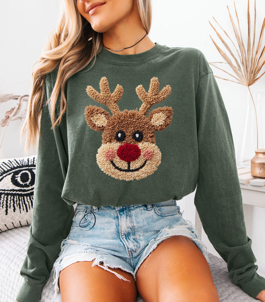 Faux Crochet Red Nose Reindeer Long Sleeve Graphic Tee