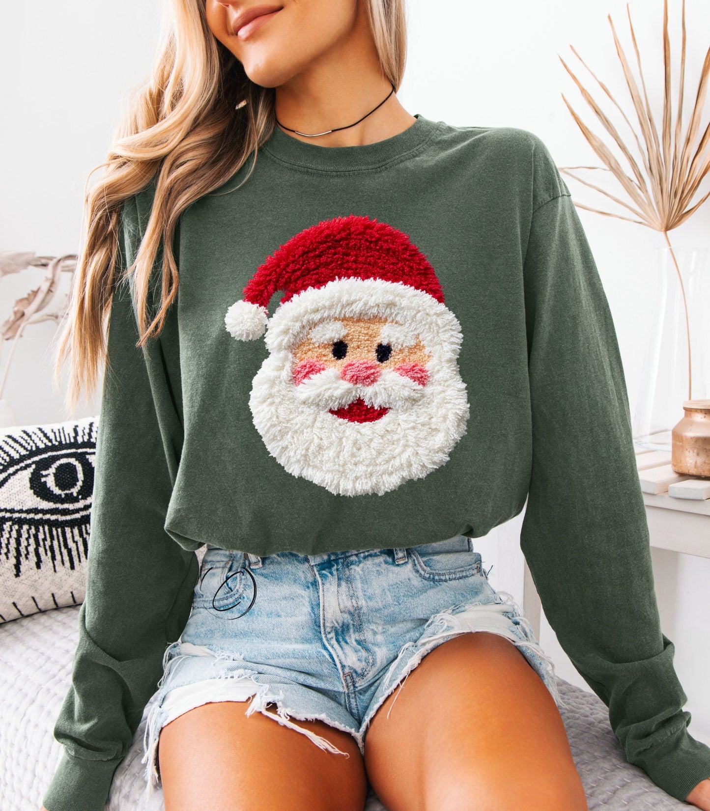 Faux Crochet Santa Long Sleeve Graphic Tee