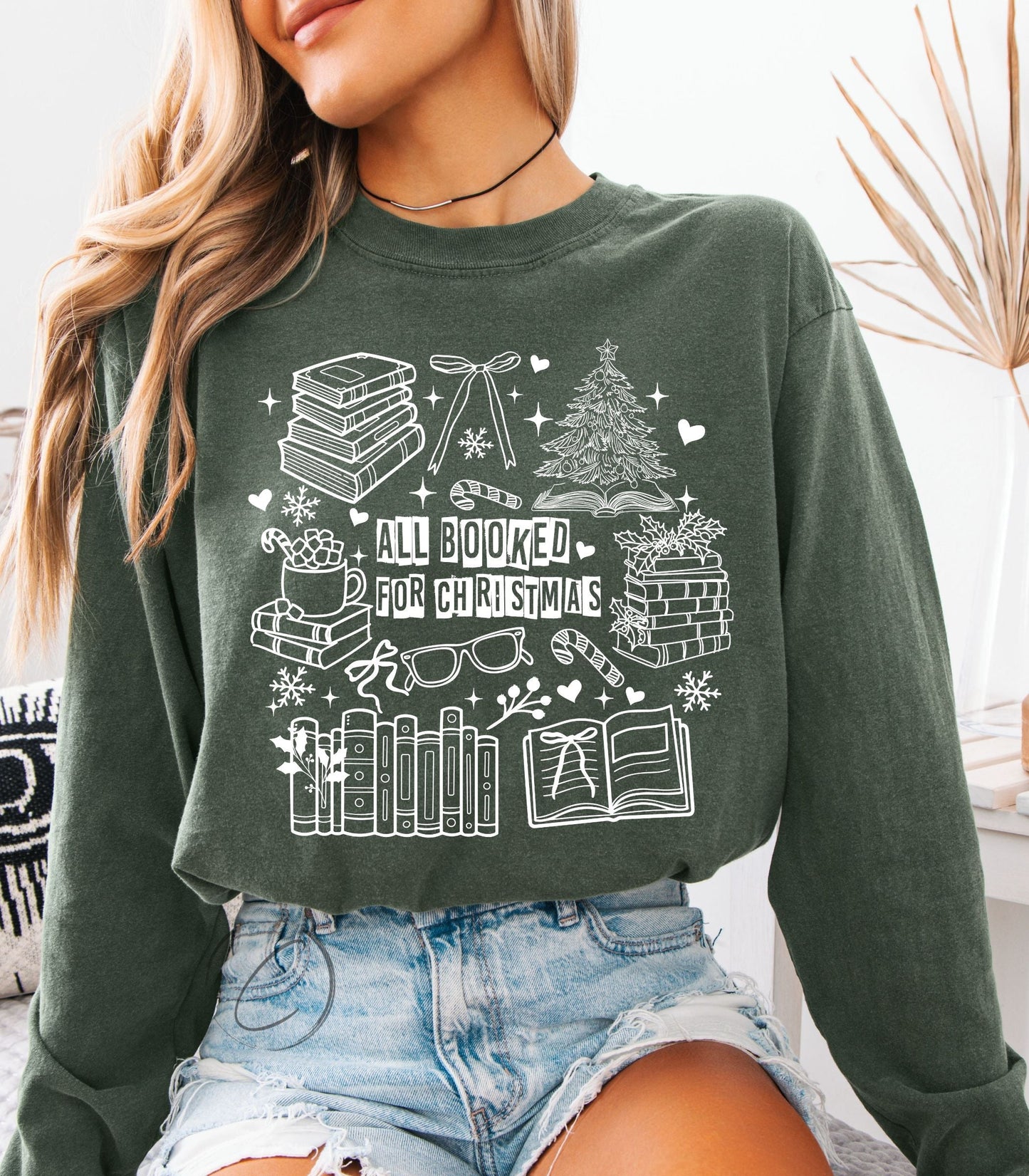 All Booked For Christmas Collage Long Sleeve Graphic Tee