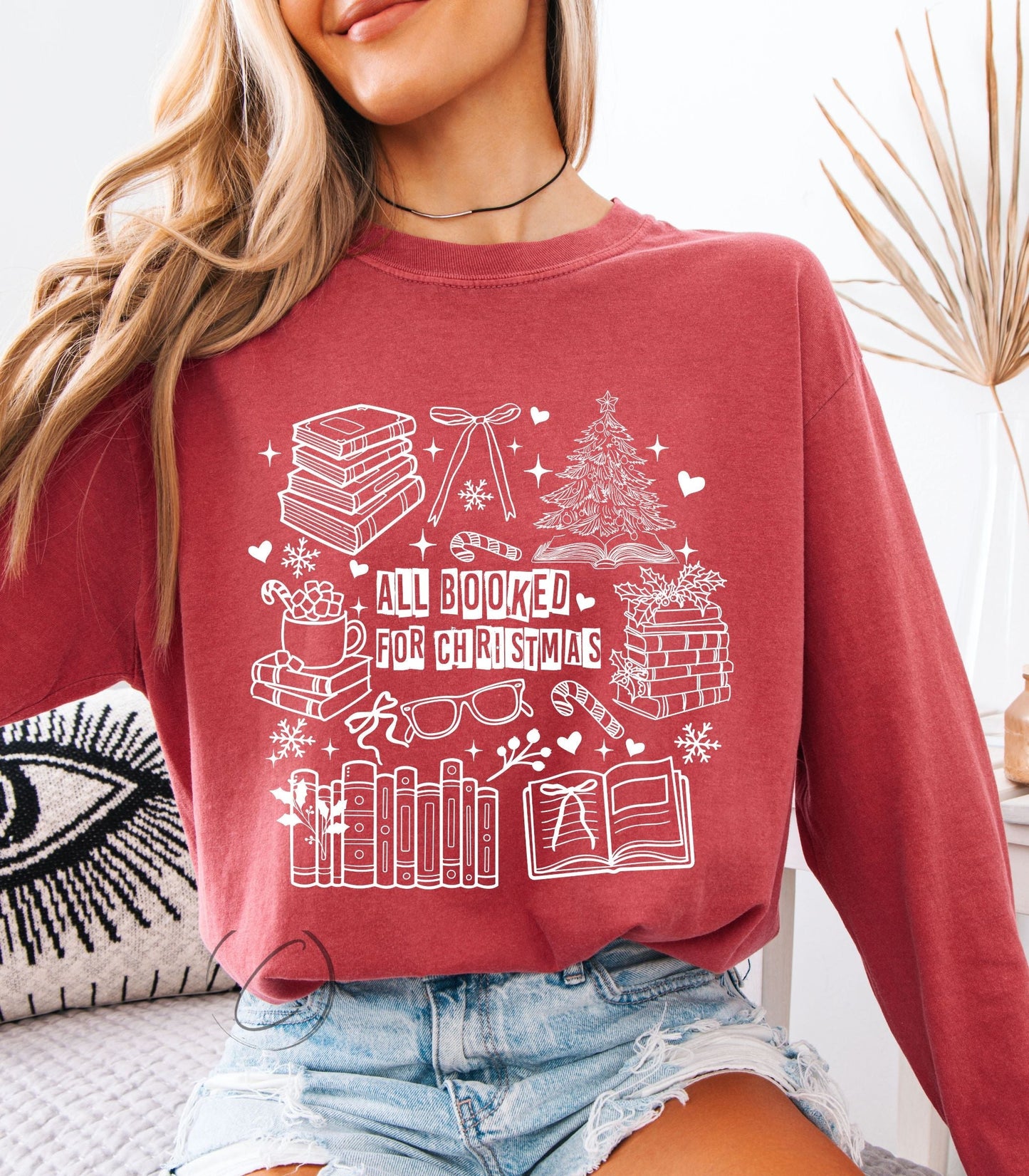All Booked For Christmas Collage Long Sleeve Graphic Tee