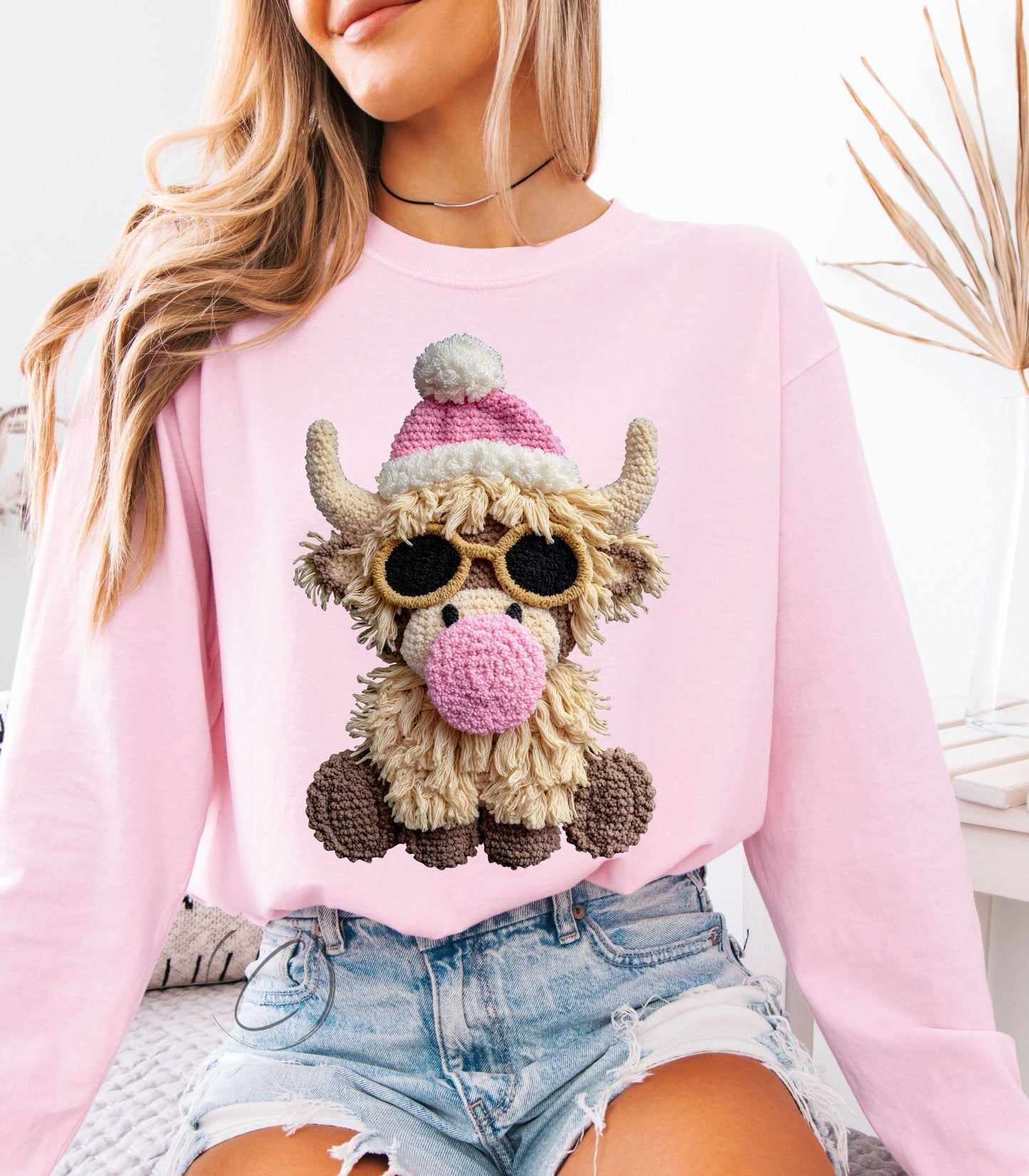 Faux Crochet Bubble Gum Cow Long Sleeve Graphic Tee