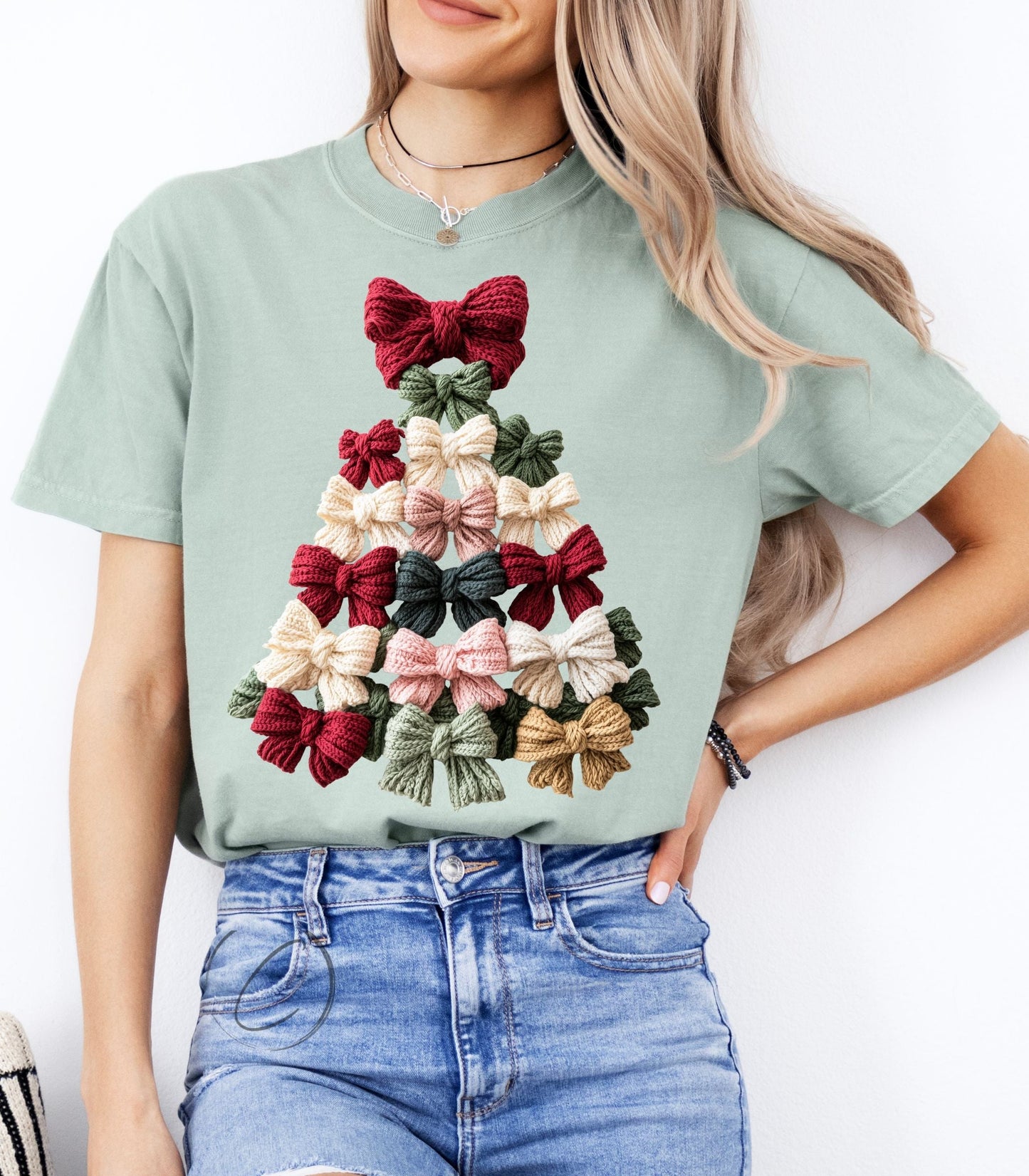 Faux Yarn Coquette Bow Christmas Tree Graphic Tee