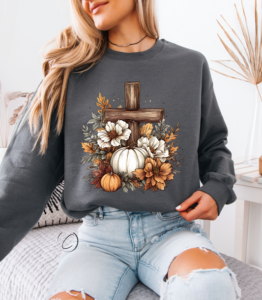 Rustic Floral Pumpkin Cross Sweatshirt