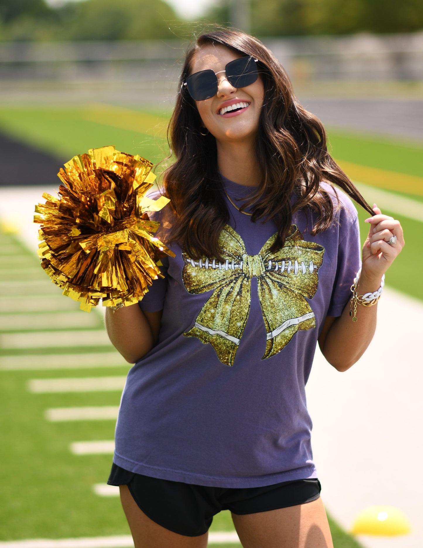 Gold Faux Glitter Football Bow Tee on Purple