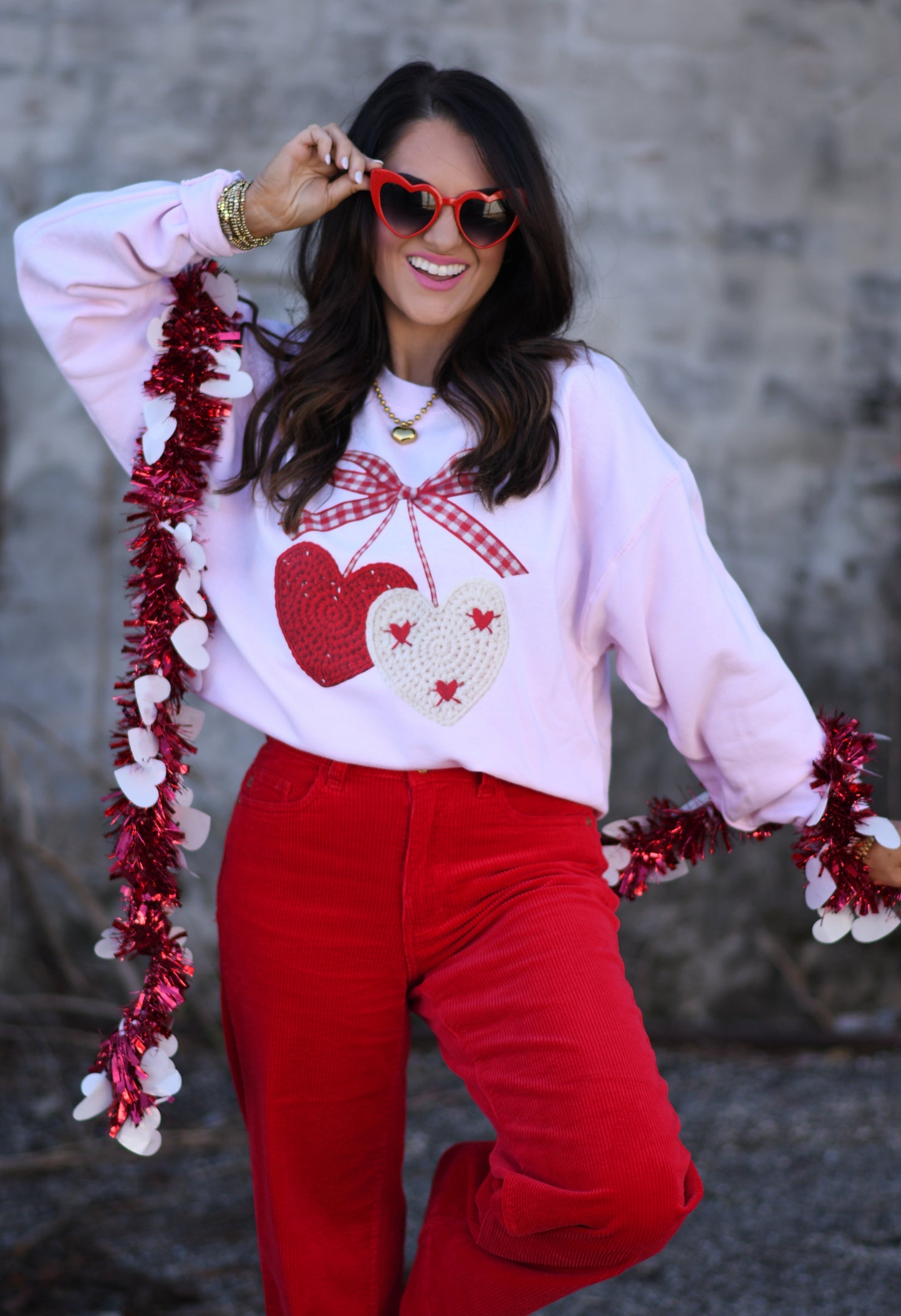 Faux Crochet Cherry Hearts Sweatshirt