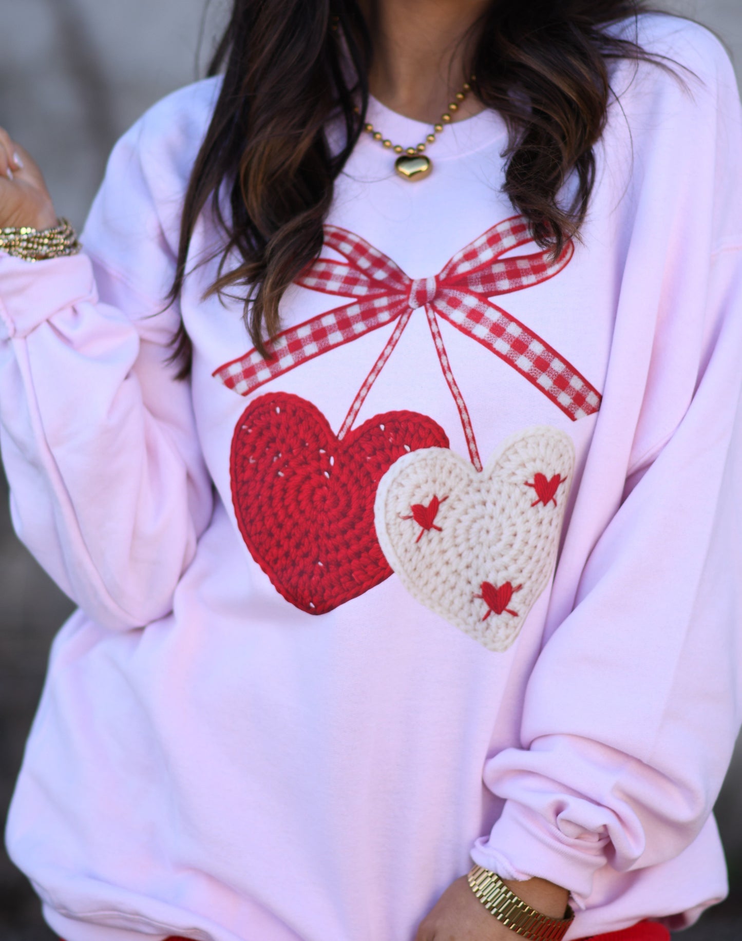 Faux Crochet Cherry Hearts Sweatshirt