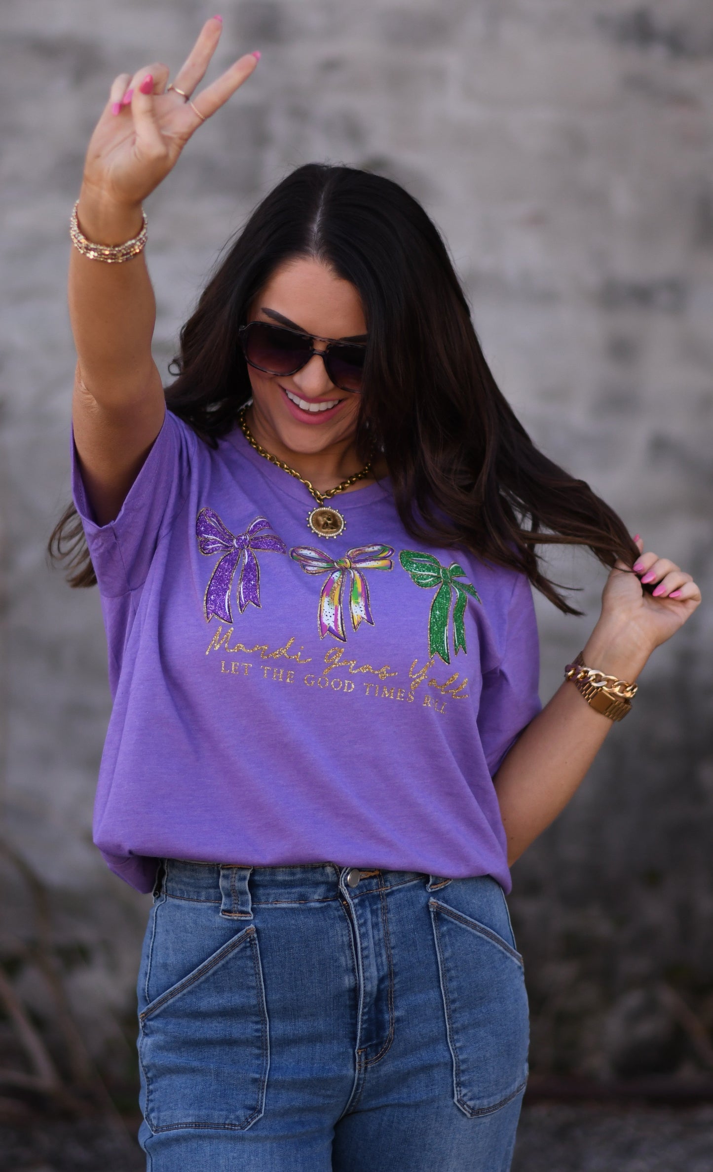 Mardi Gras Y'all Let The Good Times Roll Glitter Bows Tee