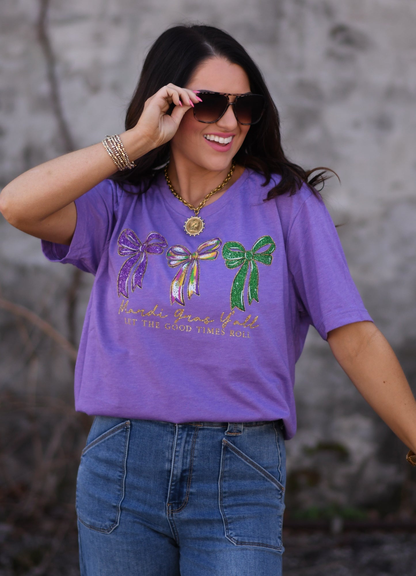 Mardi Gras Y'all Let The Good Times Roll Glitter Bows Tee