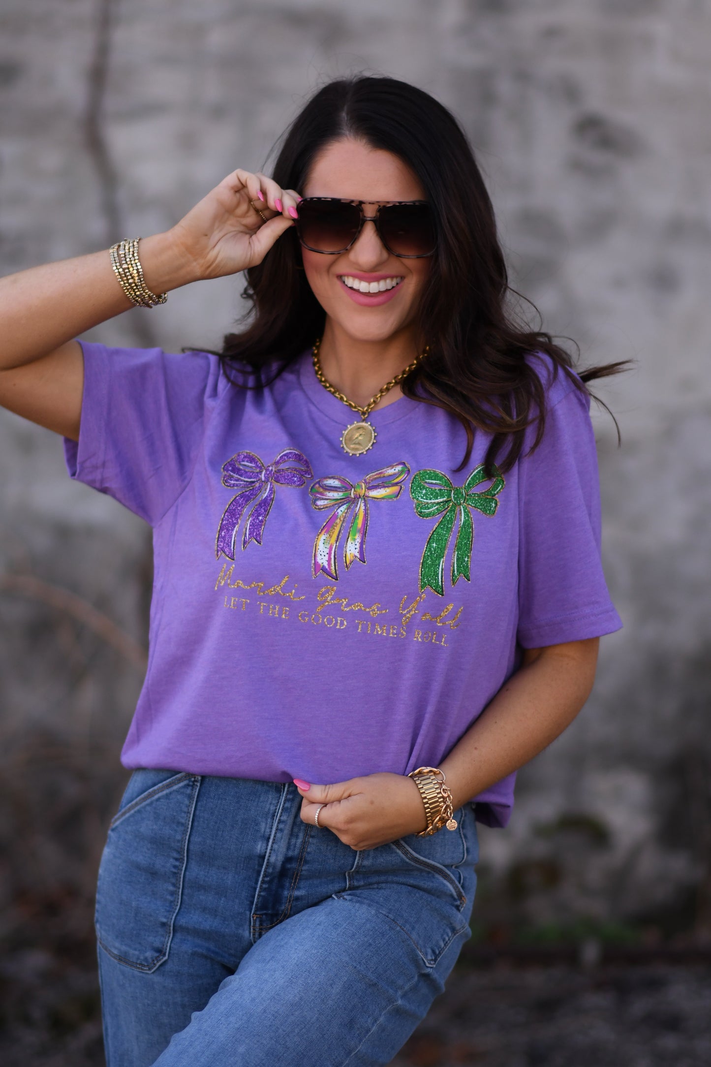Mardi Gras Y'all Let The Good Times Roll Glitter Bows Tee